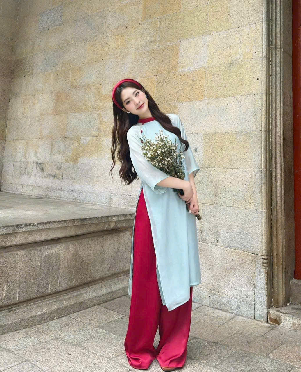 Blue Or Pink Plain Ao Dai For Women - Modern Ao Dai Set