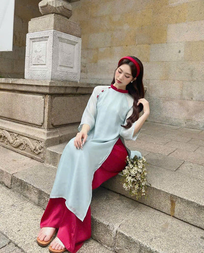 Blue Or Pink Plain Ao Dai For Women - Modern Ao Dai Set