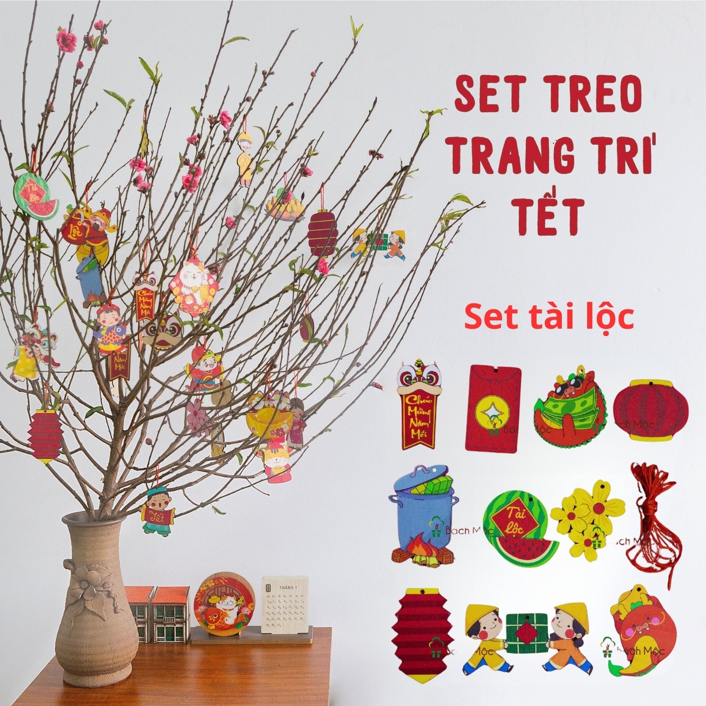 Tết Decoration | Trang Trí Tết 2025 | Vietnamese Decorative Wood Board Decor | Set of 10 wooden hanging ornaments for Tet Vietnam