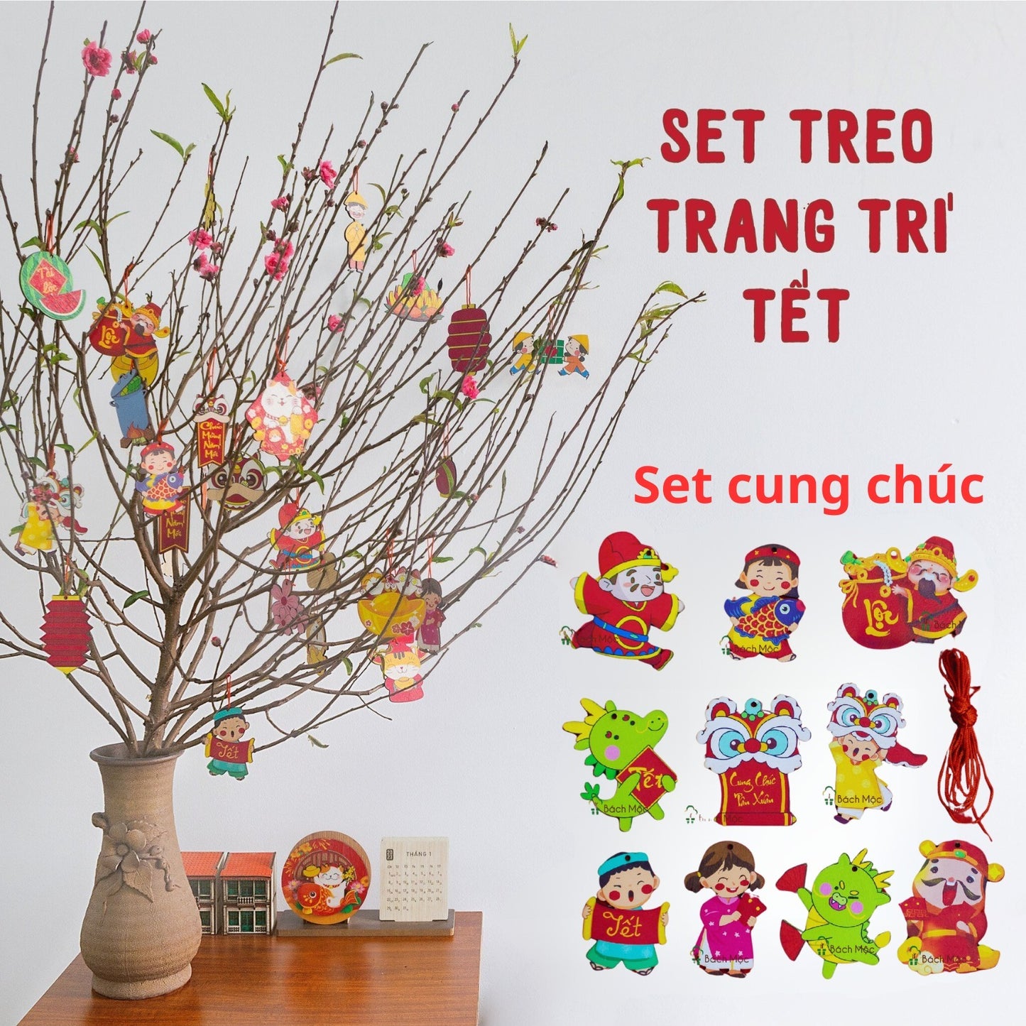 Tết Decoration | Trang Trí Tết 2025 | Vietnamese Decorative Wood Board Decor | Set of 10 wooden hanging ornaments for Tet Vietnam