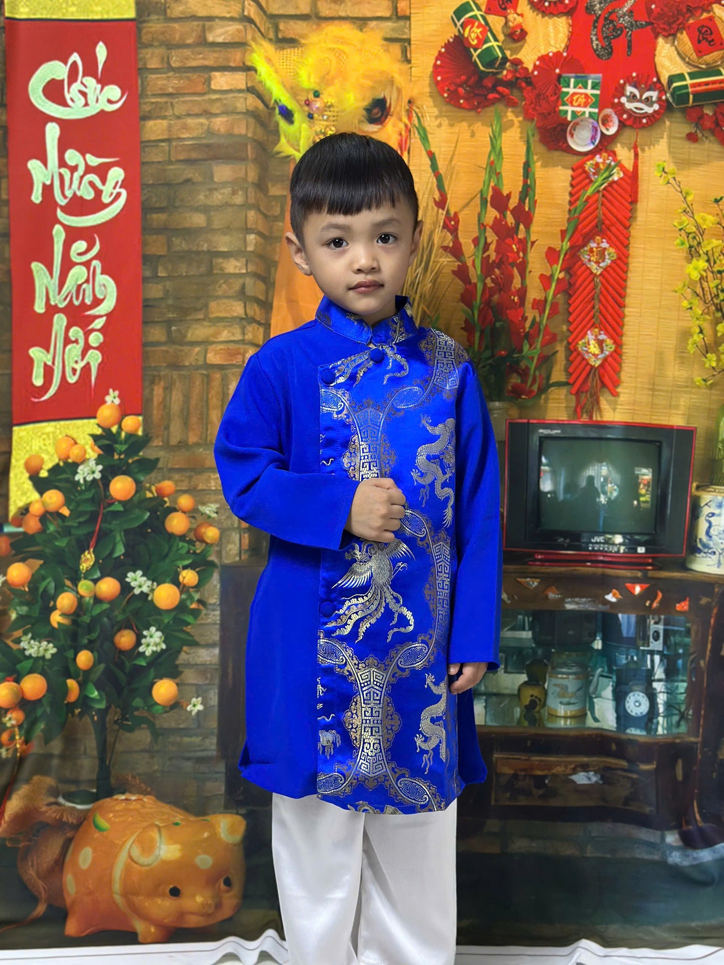 Áo Dài Gấm Bé Trai - Vietnamese Long Dress Ao Dai For Kid | 3 Colors