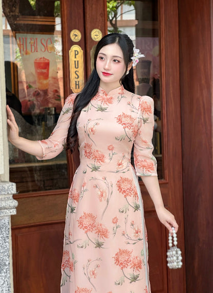 Blush Pink Vietnamese Ao Dai with Vintage Floral Print – Elegant Traditional Dress | NO Pants
