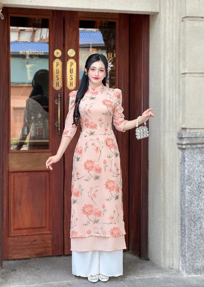 Blush Pink Vietnamese Ao Dai with Vintage Floral Print – Elegant Traditional Dress | NO Pants