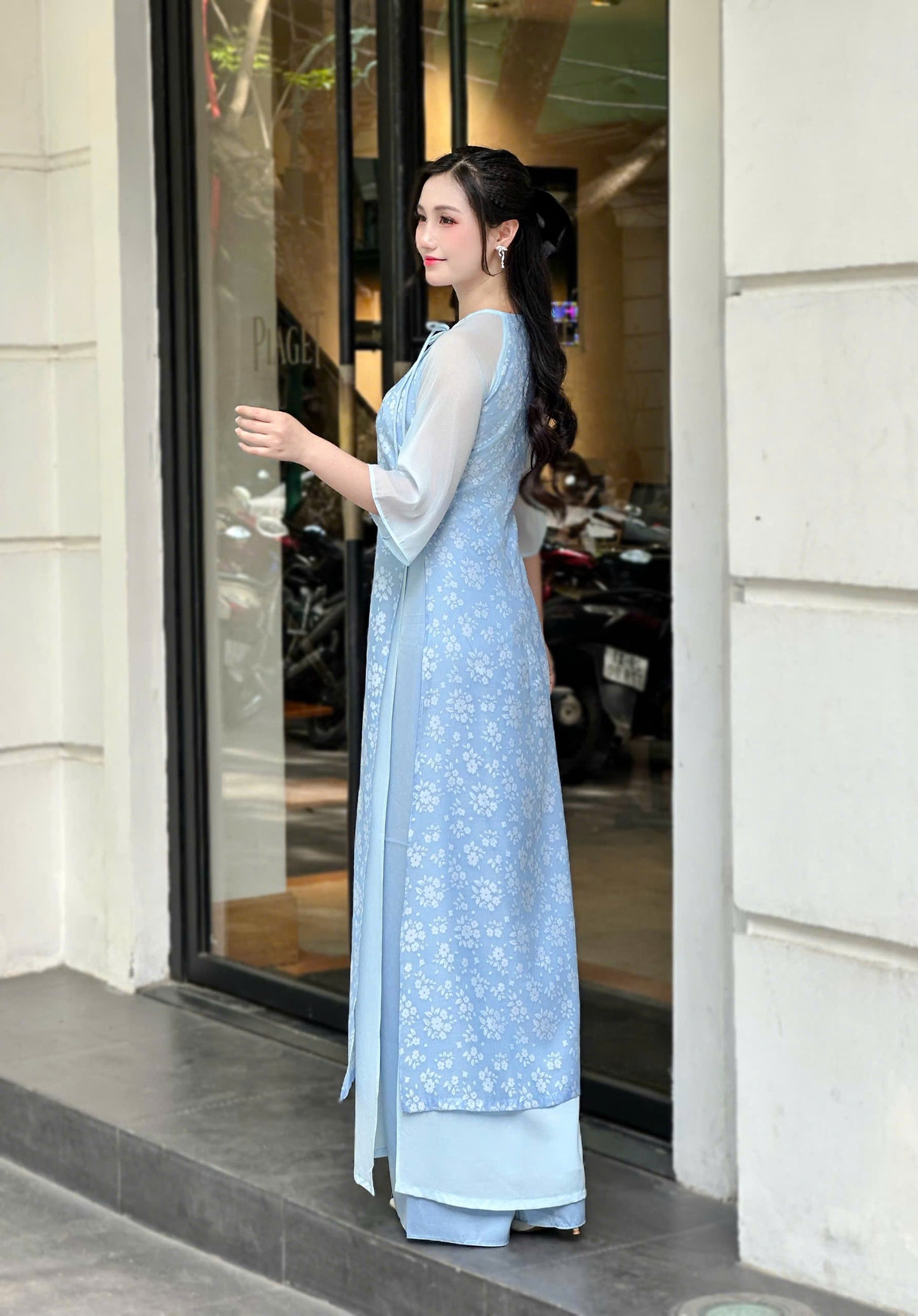 Vietnamese Ao Dai – Elegant Sky Blue Floral Dress | NO Pants