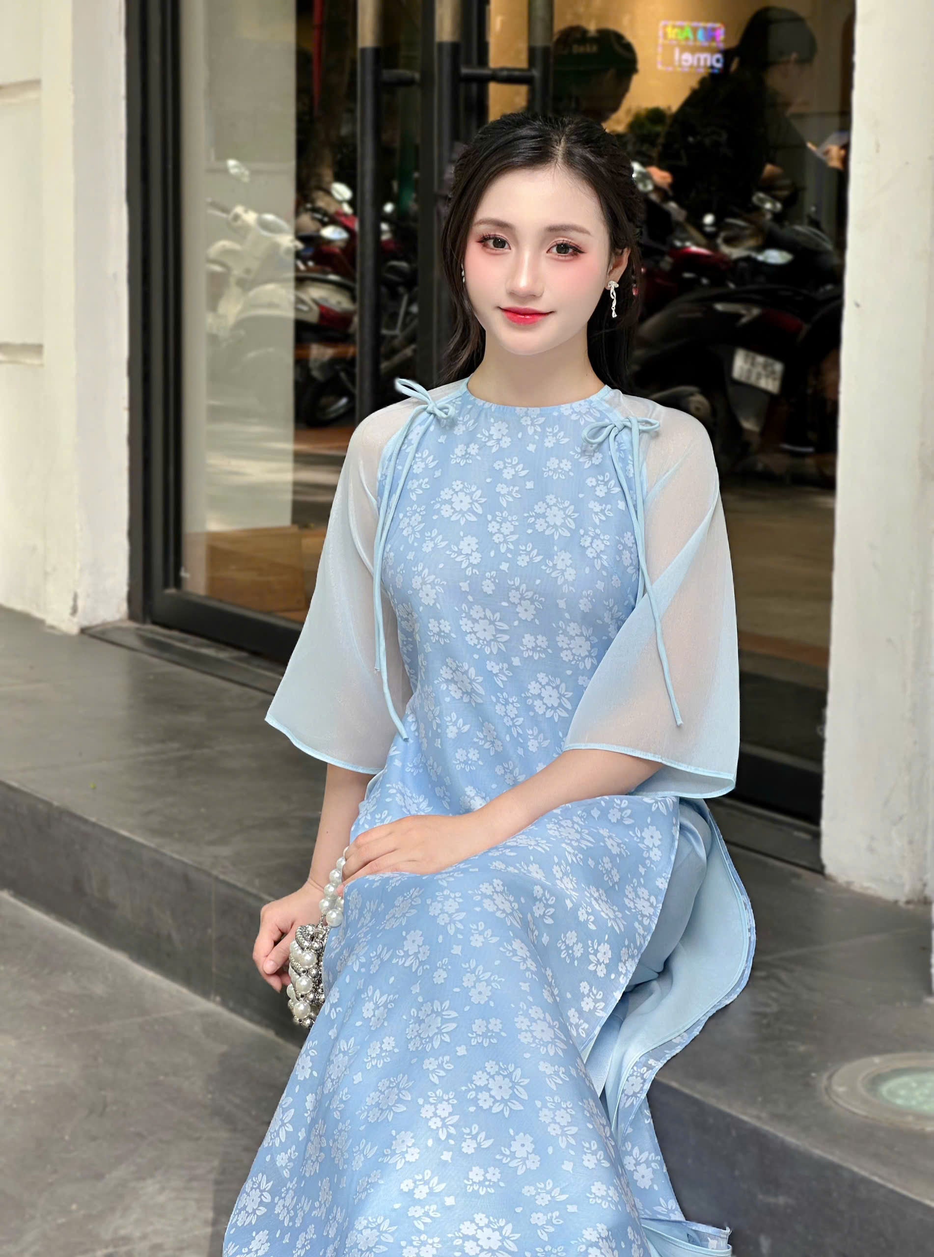 blue vietnamese dress Blue Ribbon 3D Flowers Chiffon Ao Dai Set B