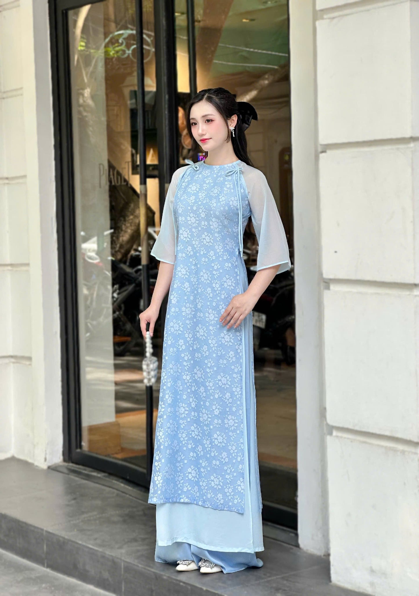 Vietnamese Ao Dai – Elegant Sky Blue Floral Dress | NO Pants