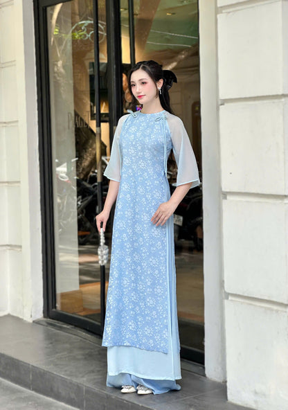 Vietnamese Ao Dai – Elegant Sky Blue Floral Dress | NO Pants