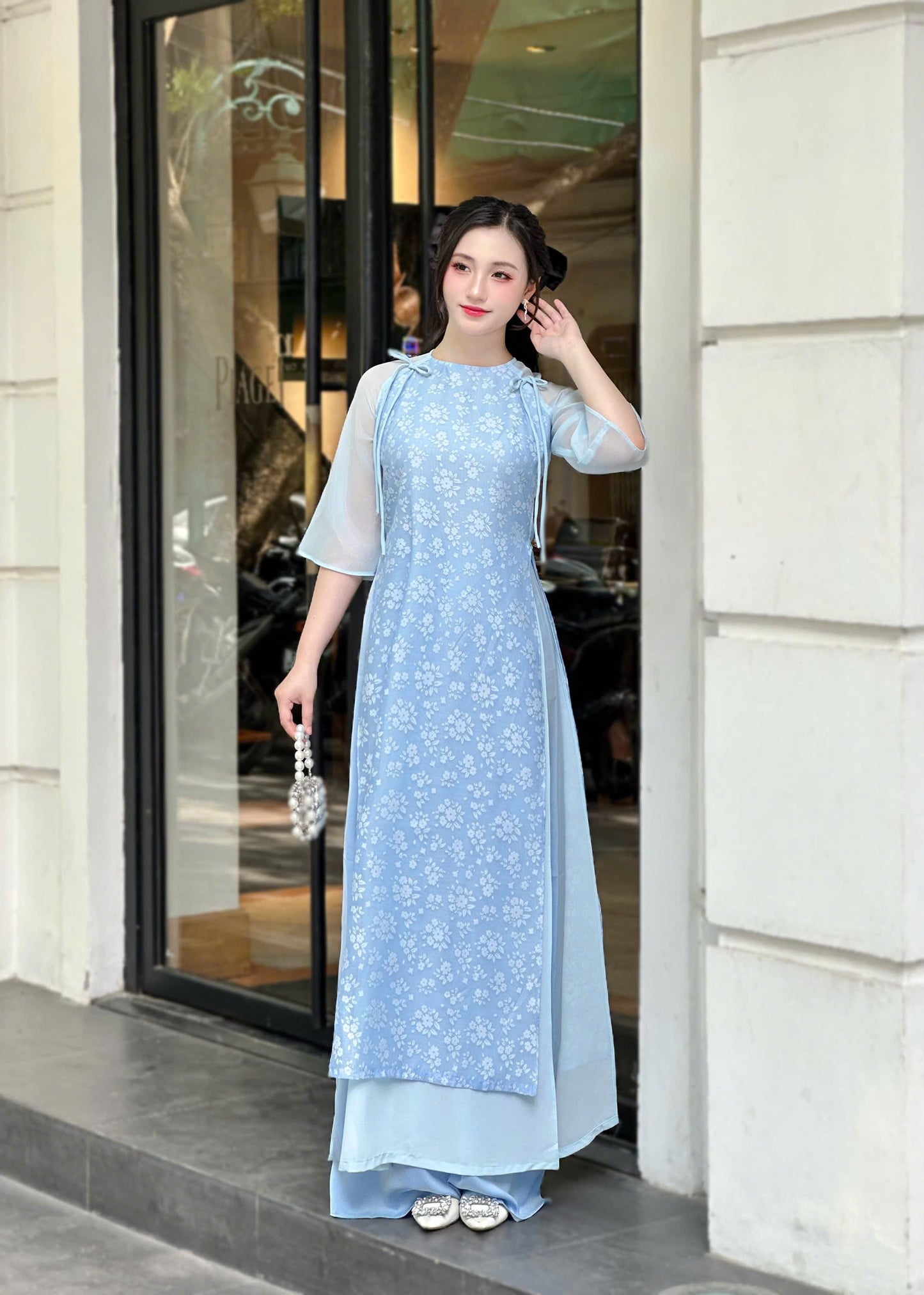 Vietnamese Ao Dai – Elegant Sky Blue Floral Dress | NO Pants