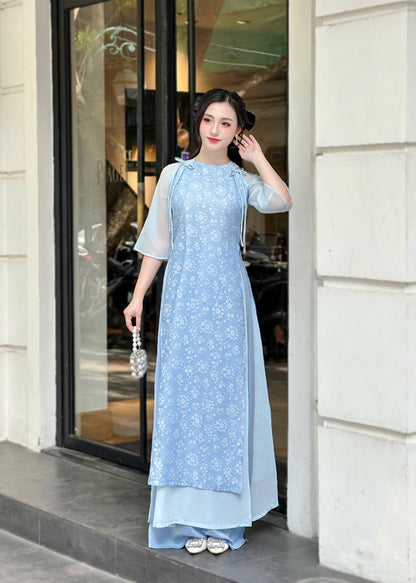 Vietnamese Ao Dai – Elegant Sky Blue Floral Dress | NO Pants