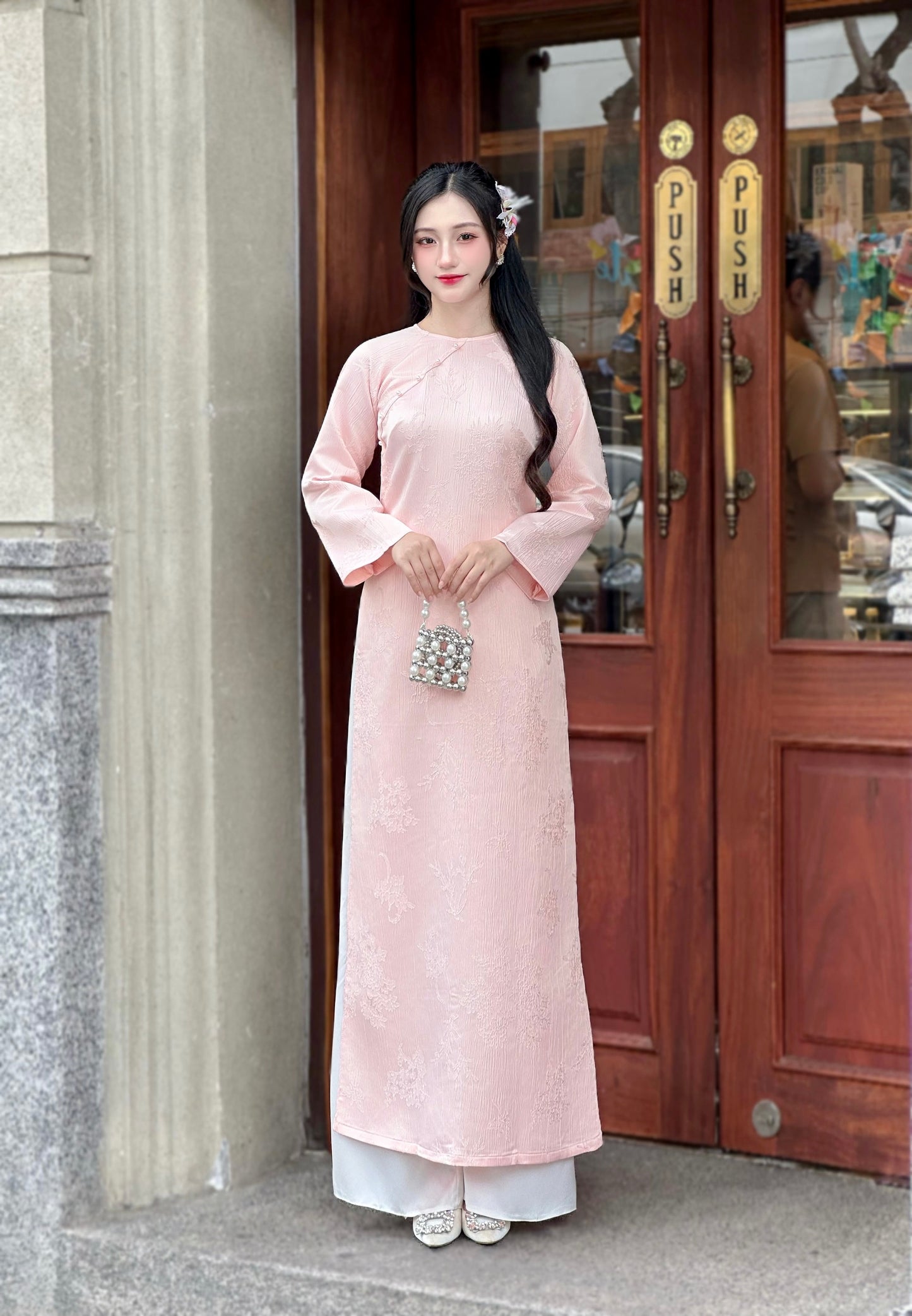 Pink Jacquard Ao Dai w Bamboo hide pattern- Vietnamese Modernized Ao Dai | NO Pants