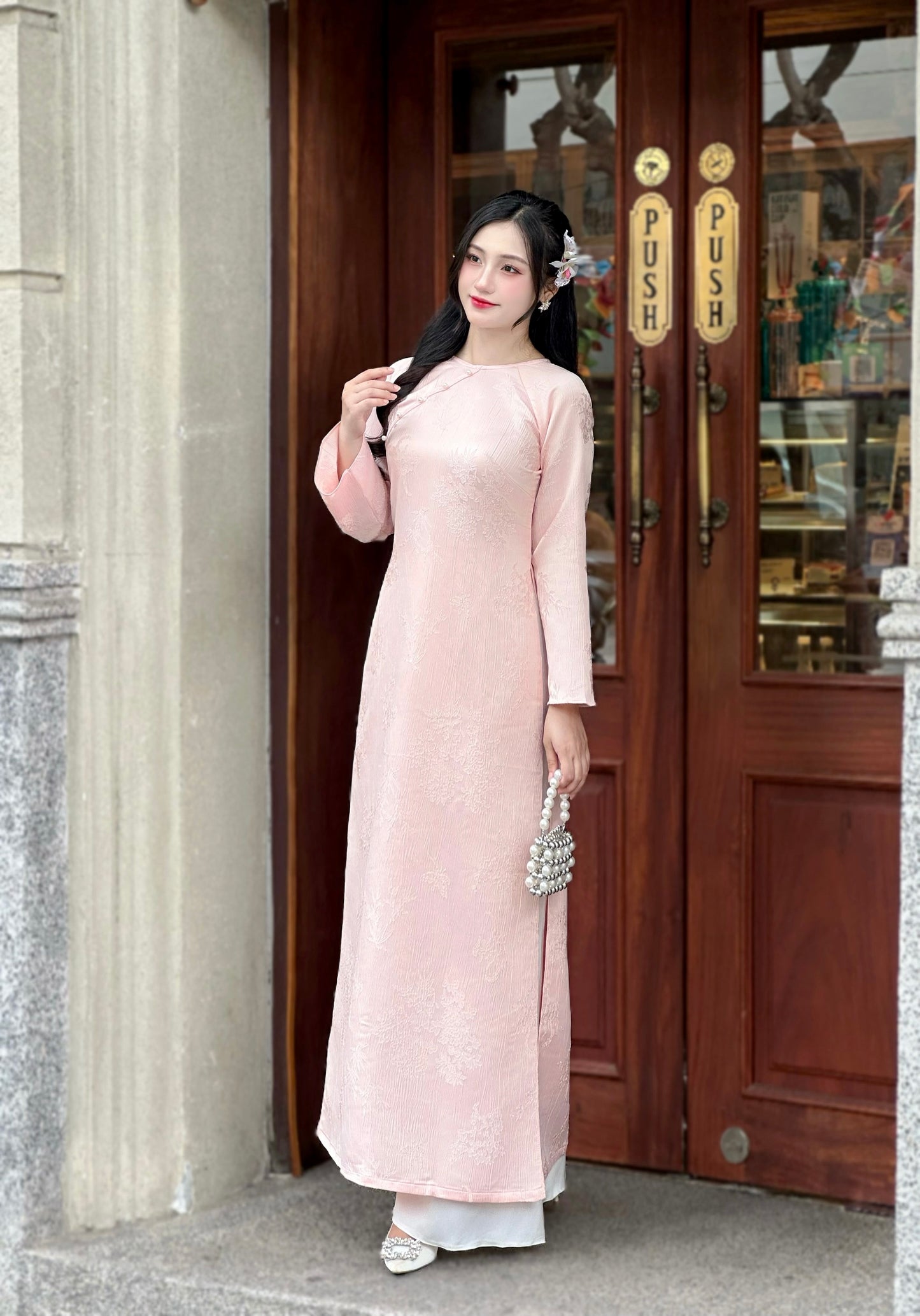 Pink Jacquard Ao Dai w Bamboo hide pattern- Vietnamese Modernized Ao Dai | NO Pants