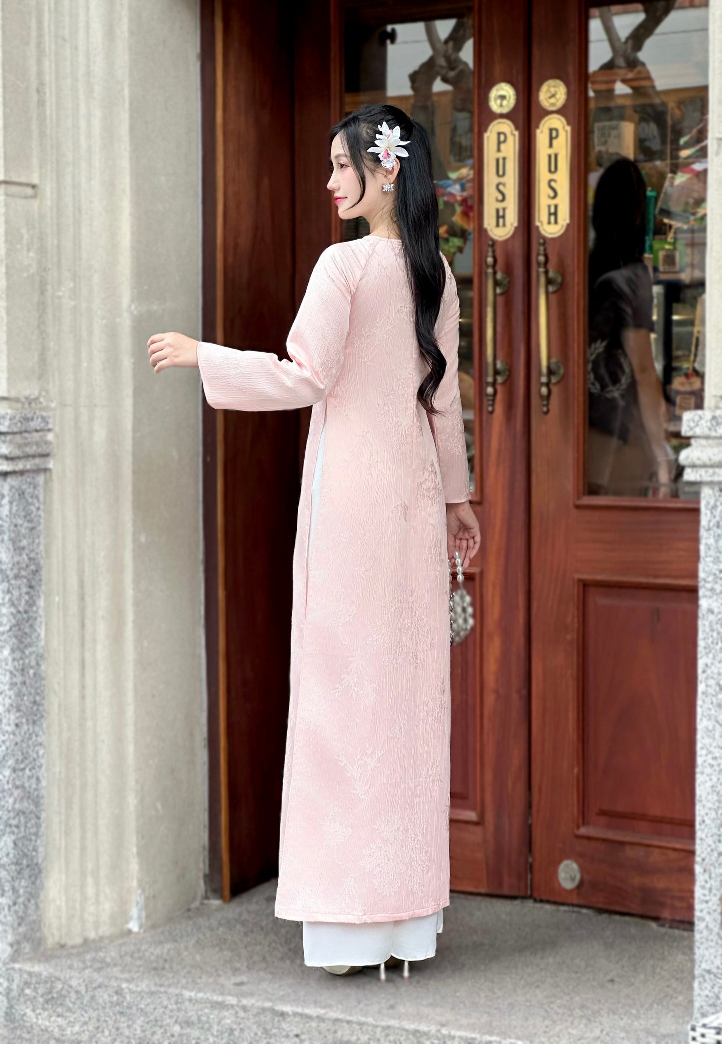 Pink Jacquard Ao Dai w Bamboo hide pattern- Vietnamese Modernized Ao Dai | NO Pants