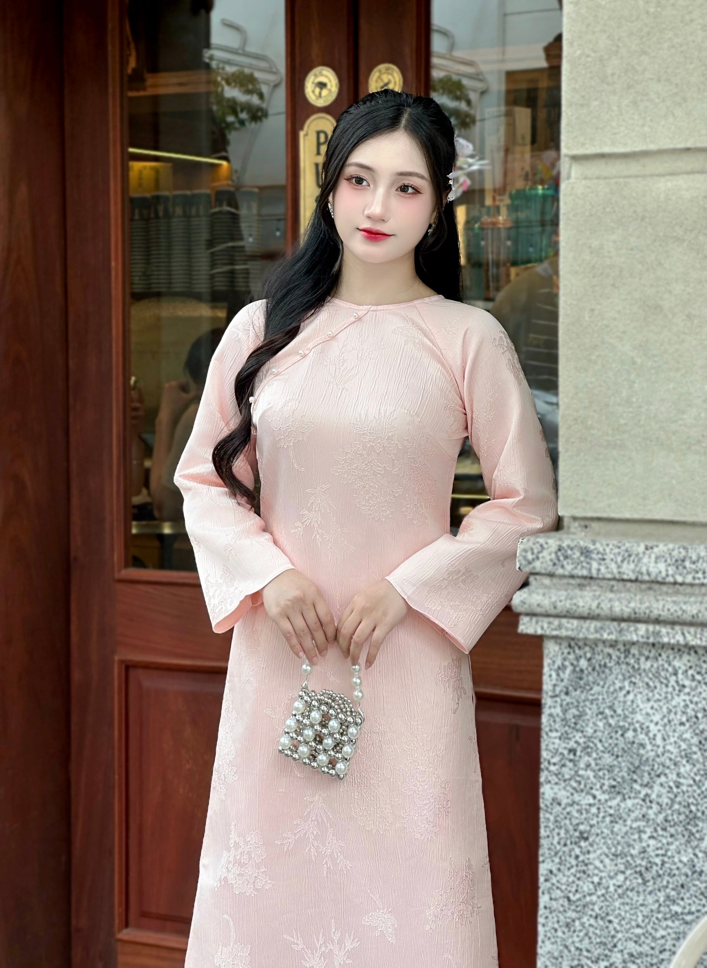 Pink Jacquard Ao Dai w Bamboo hide pattern- Vietnamese Modernized Ao Dai | NO Pants