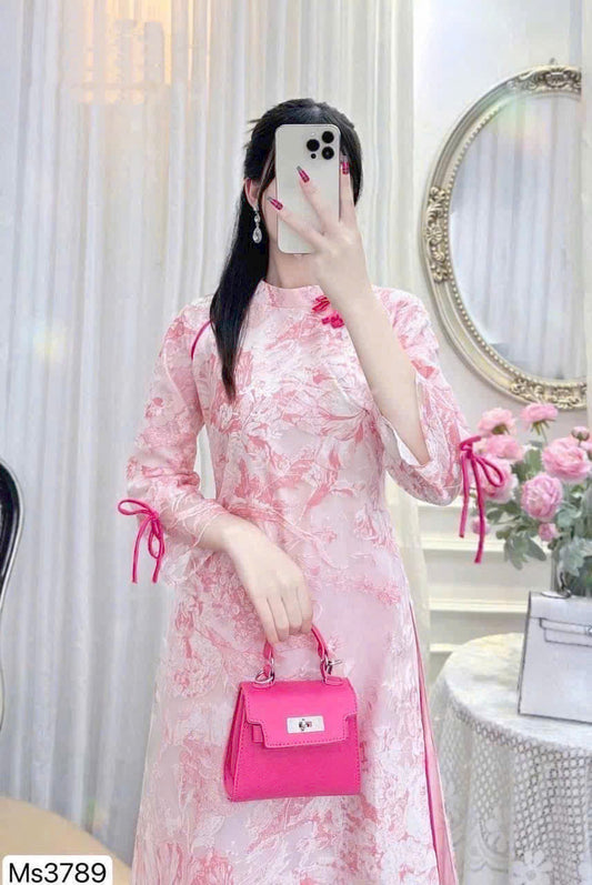 LAN CHI Set Pink Modern Ao Dai | Mini Tie Bow Ao Dai For Women