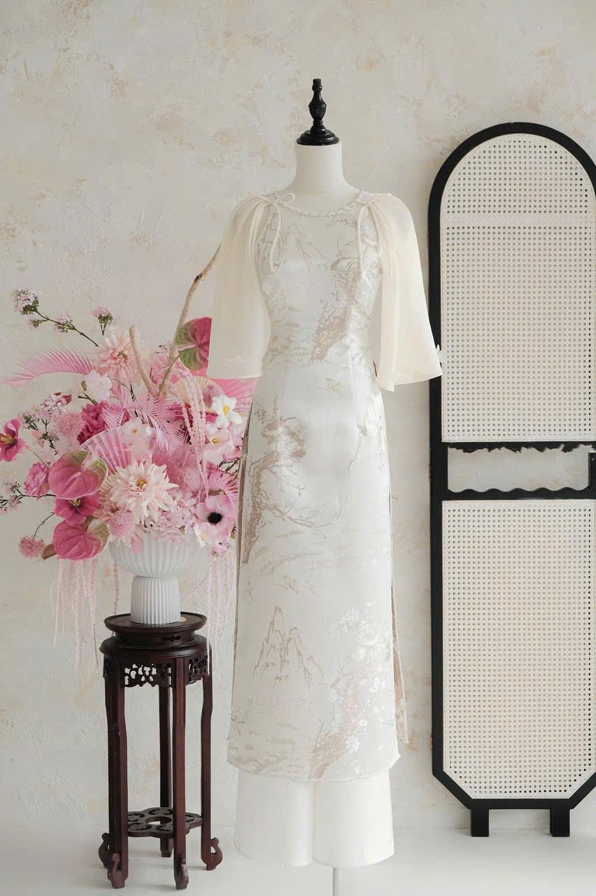 Beige Gam Mixed Wide Sleeves  Modern Ao Dai Set- Ready To ship