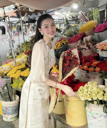 Beige Gam Mixed Wide Sleeves  Modern Ao Dai Set- Ready To ship