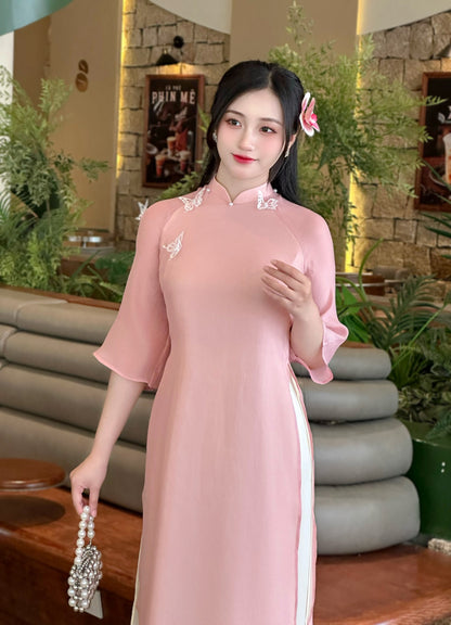 Pink Vietnamese Ao Dai with 3D Butterfly Bridesmaid Dress | Modern A Ao Dai Net Dep Viet Pink Vietnamese Ao Dai with 3D Butterfly Bridesmaid Dress | Modern A Ao Dai Net Dep Viet