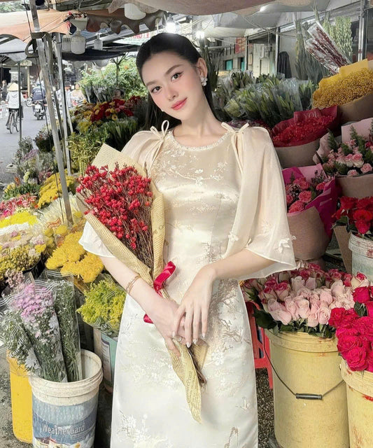 Beige Gam Mixed Wide Sleeves  Modern Ao Dai Set- Ready To ship