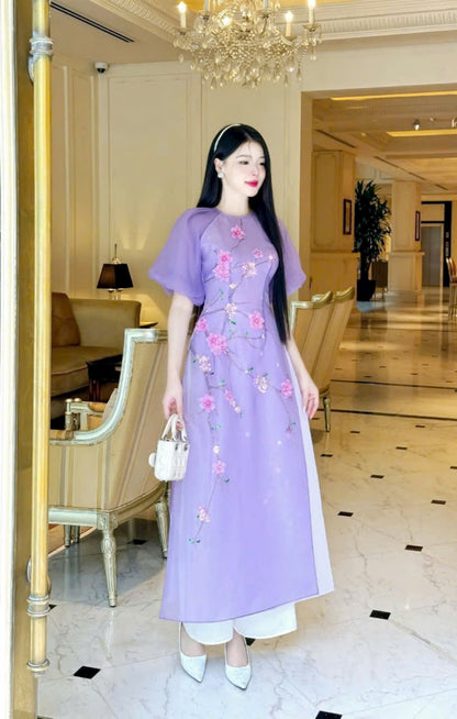 Purple Floral Ao Dai Modern With Puffy Sleeves - Áo Dài Cách Tân