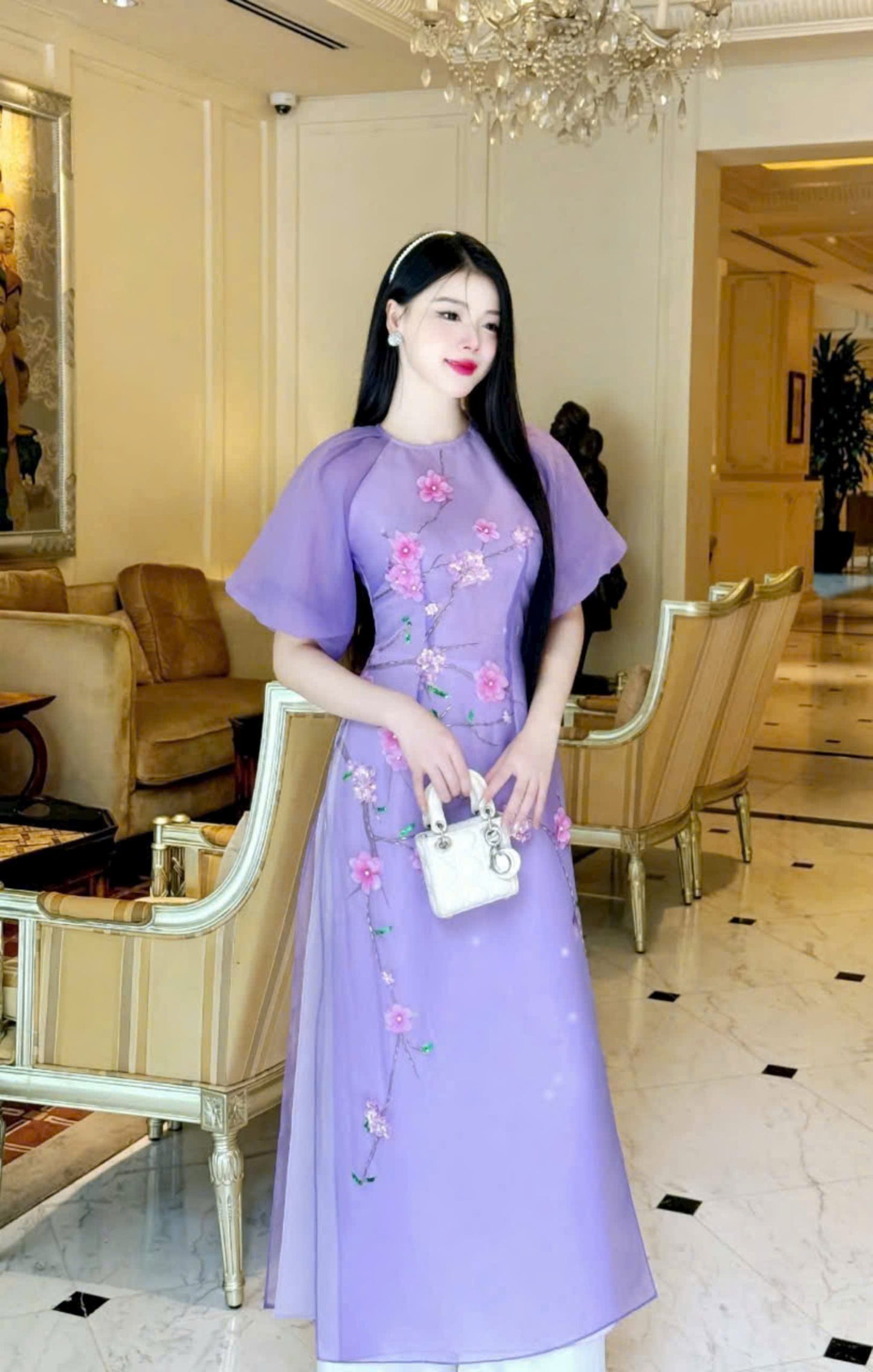 Purple Floral Ao Dai Modern With Puffy Sleeves - Áo Dài Cách Tân