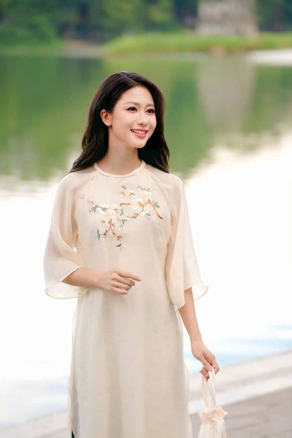 Cream Ao Dai Matching Set for Family | Vietnamese Dress for Wedding / Tet