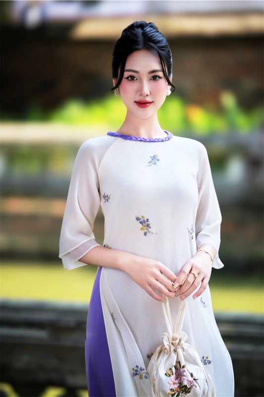 Ivory Ao Dai with Purple Floral Embroidered - Women Ao Dai Set | Ao dai for Tết 2025