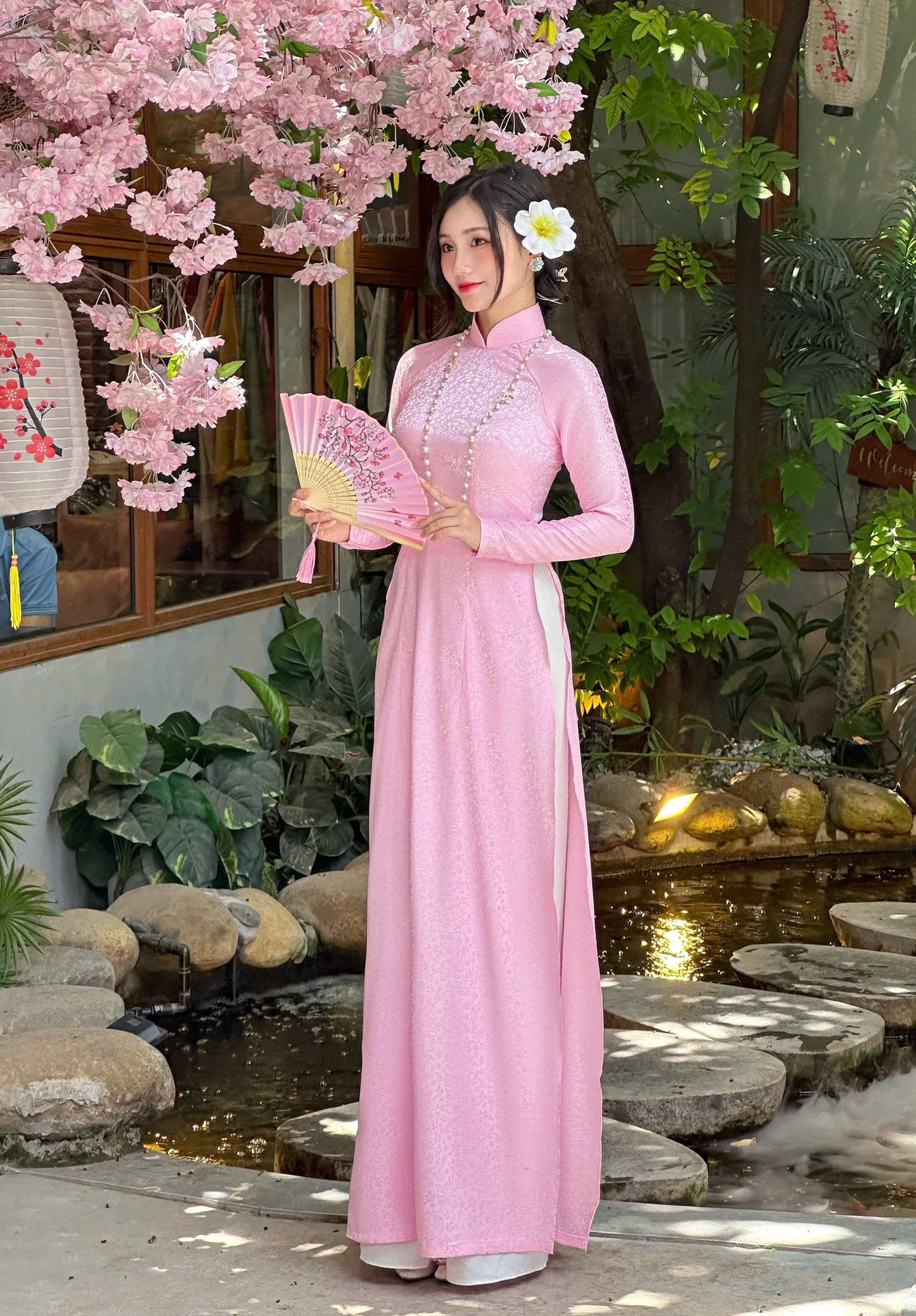 Áo Dài Gấm Lá  Màu hồng | Pre made ao dai for women | Vietnamese long dress NO Pants