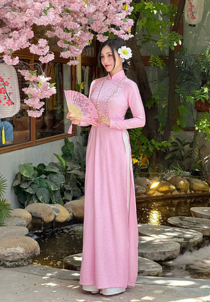 Áo Dài Gấm Lá  Màu hồng | Pre made ao dai for women | Vietnamese long dress NO Pants
