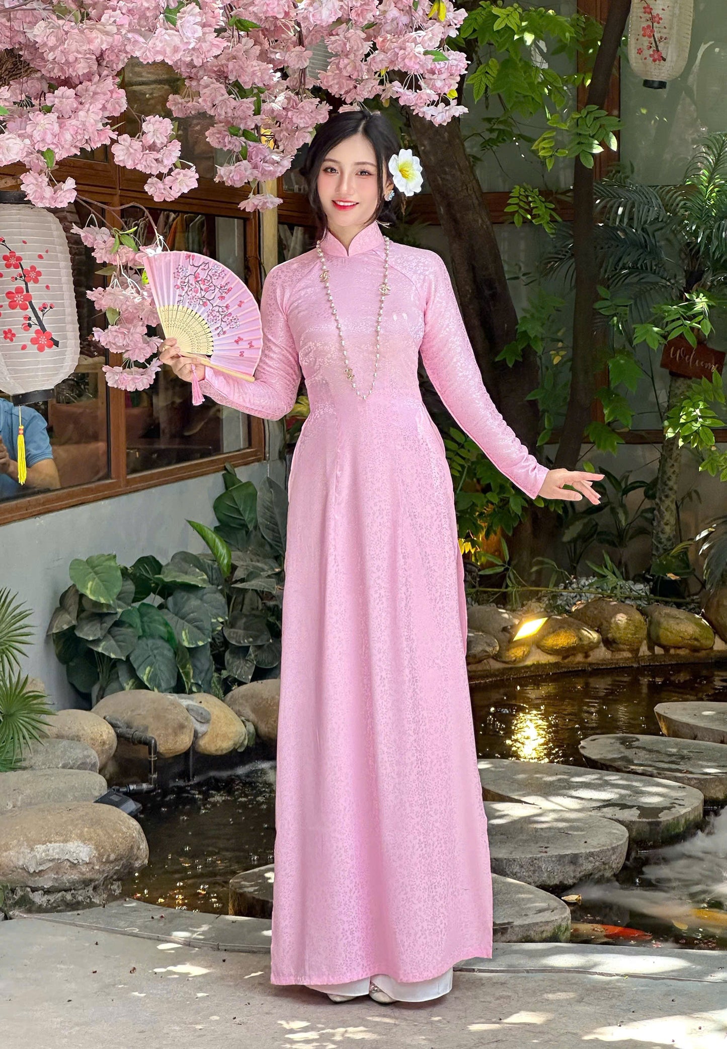 Áo Dài Gấm Lá  Màu hồng | Pre made ao dai for women | Vietnamese long dress NO Pants