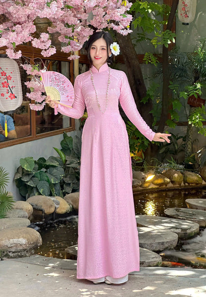 Áo Dài Gấm Lá  Màu hồng | Pre made ao dai for women | Vietnamese long dress NO Pants