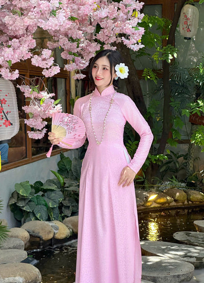 Áo Dài Gấm Lá  Màu hồng | Pre made ao dai for women | Vietnamese long dress NO Pants
