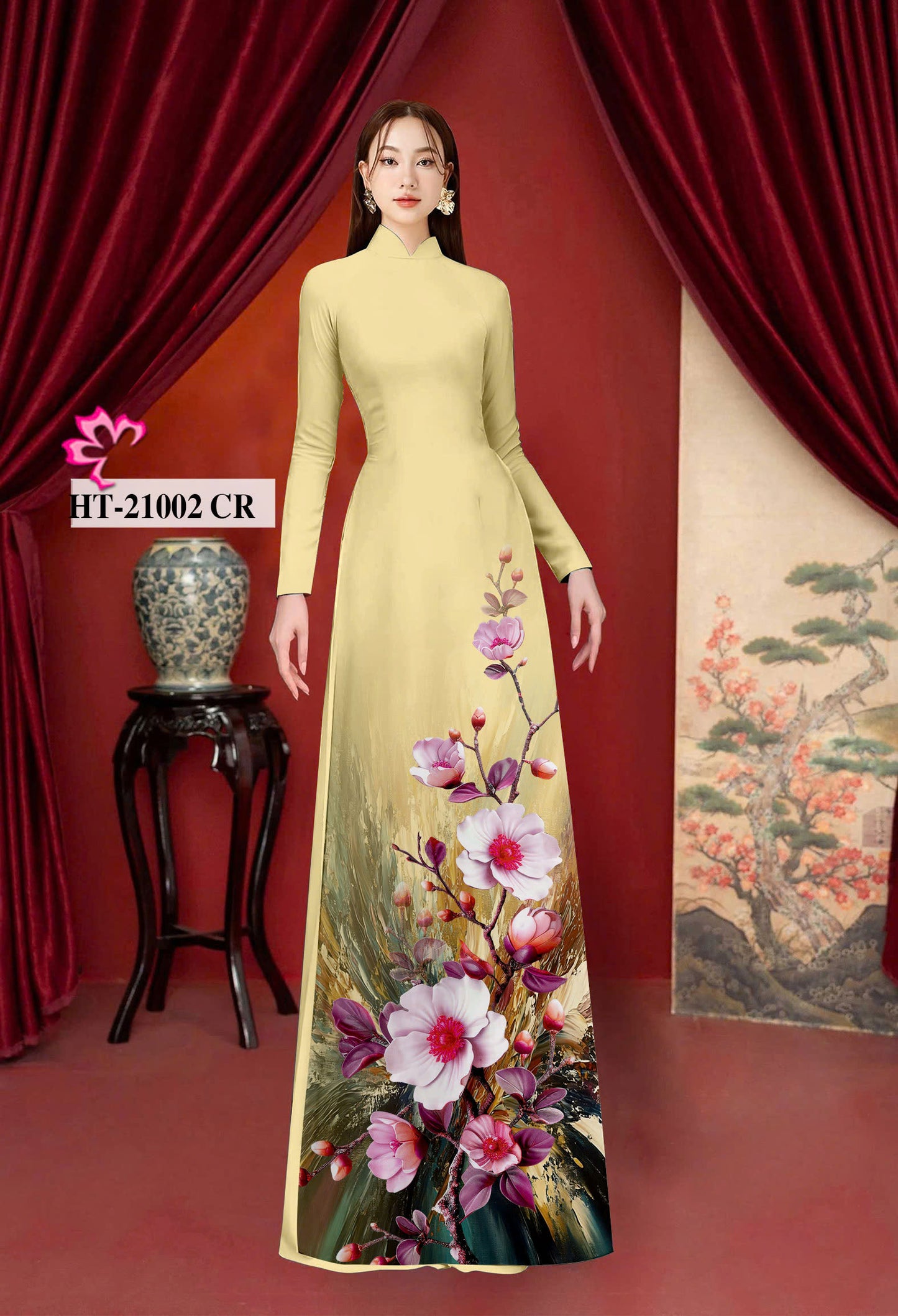 Pre-order: 3D Printed Peach Blossom Ao Dai | Traditional Vietnamese Dress for Women