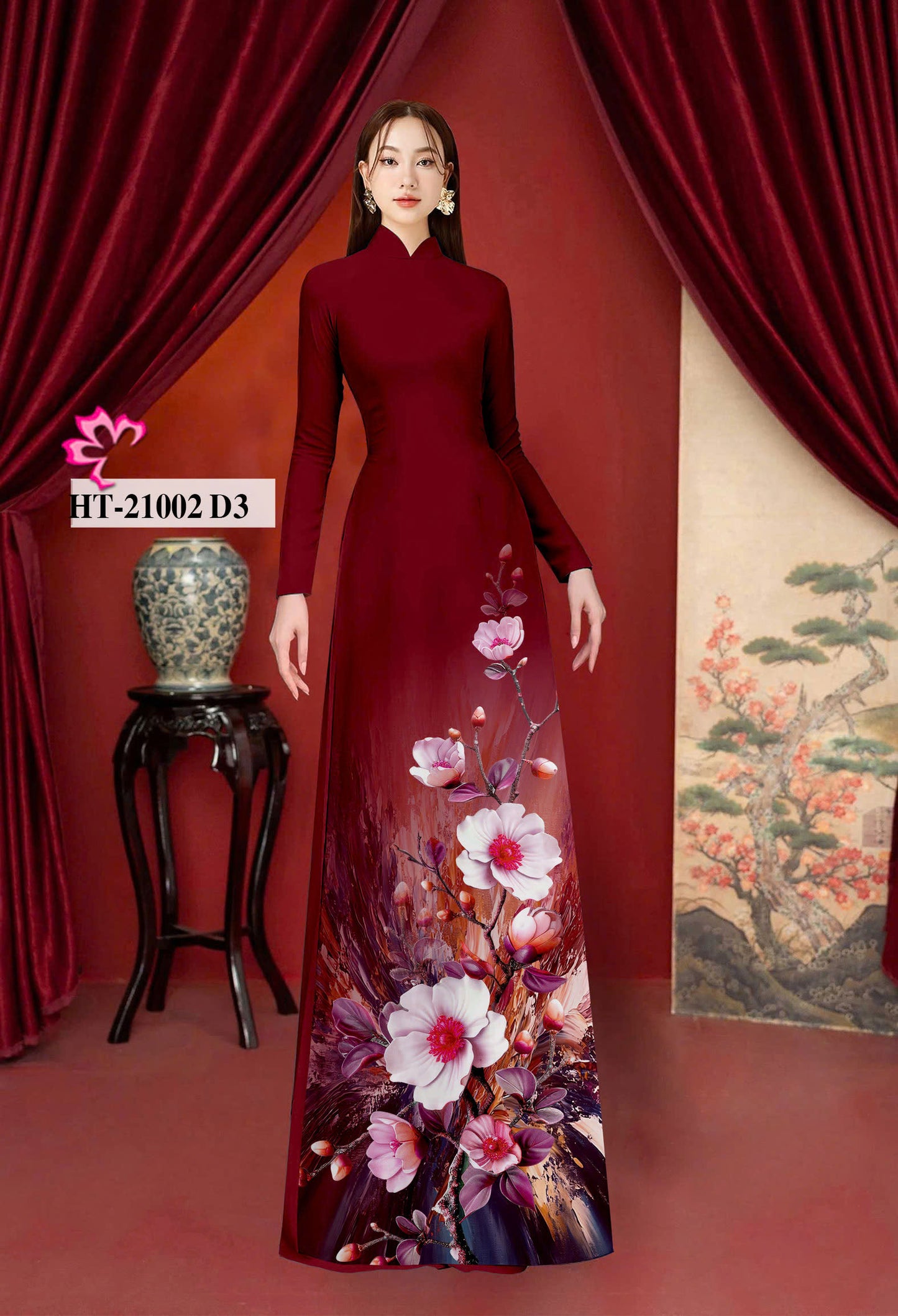 Pre-order: 3D Printed Peach Blossom Ao Dai | Traditional Vietnamese Dress for Women