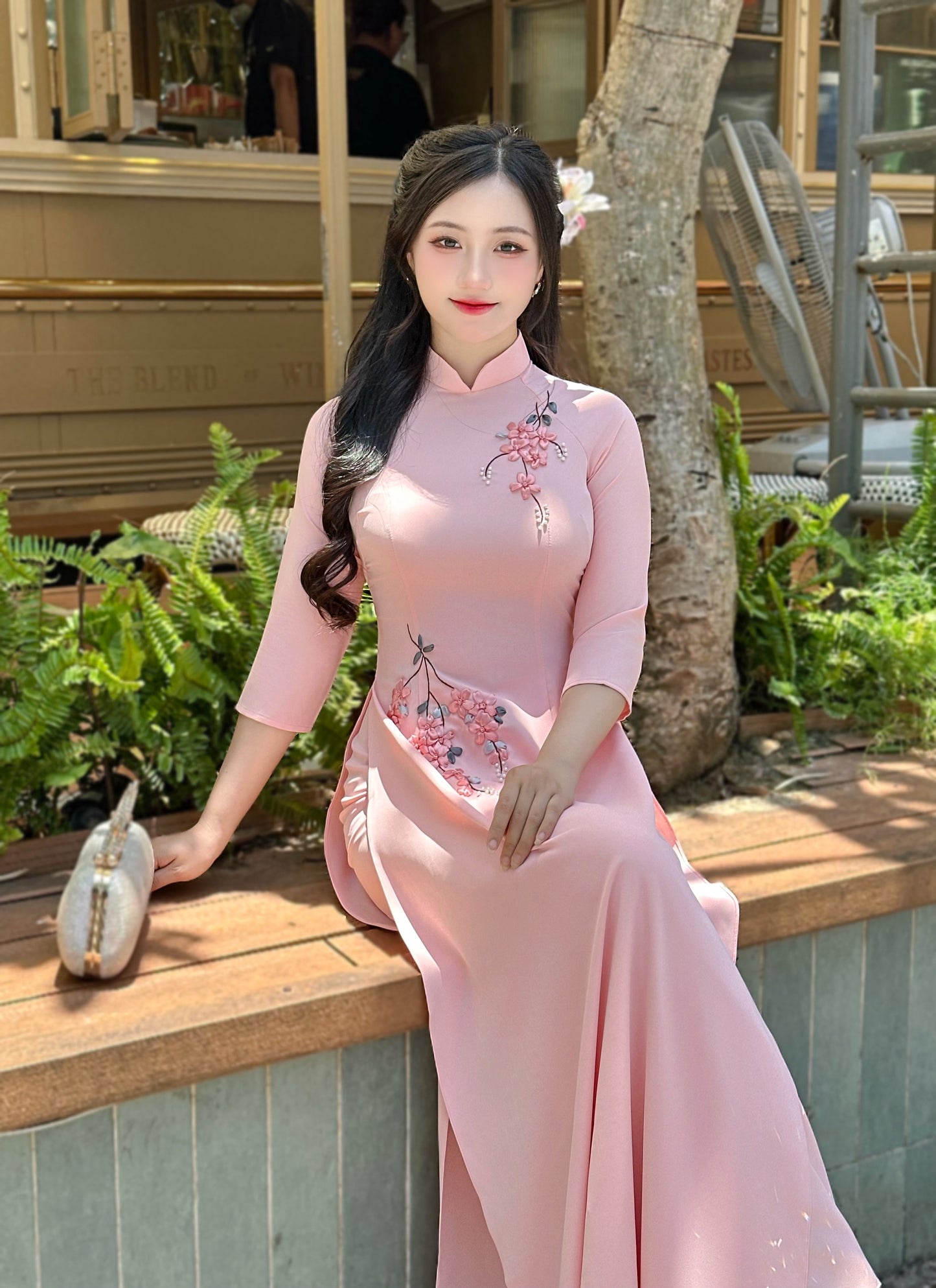 Pink Ao Dai Ribbon embroidered flower bunch | Pre made Traditional ao dai for women | Vietnamese long dress