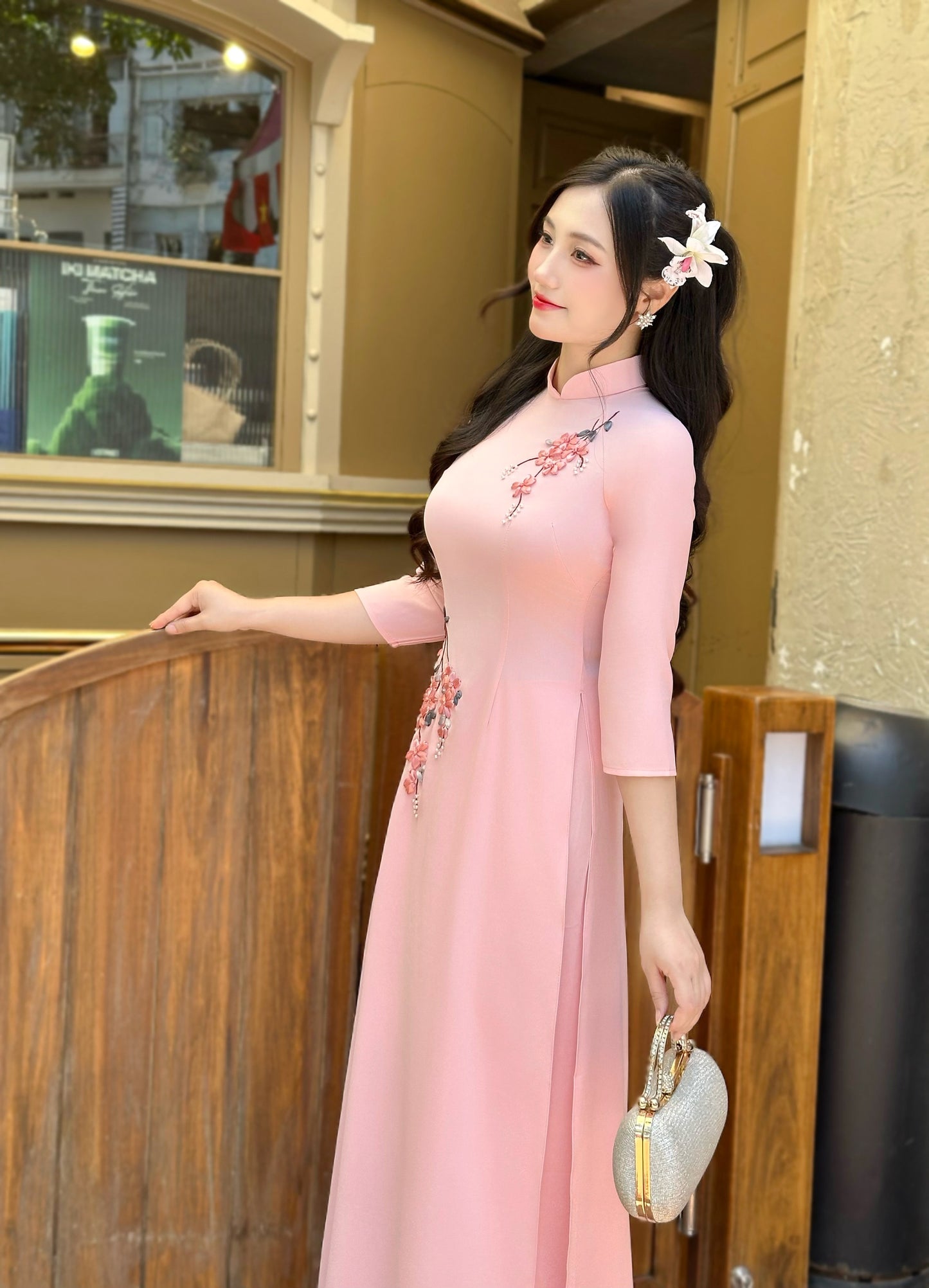 Pink Ao Dai Ribbon embroidered flower bunch | Pre made Traditional ao dai for women | Vietnamese long dress