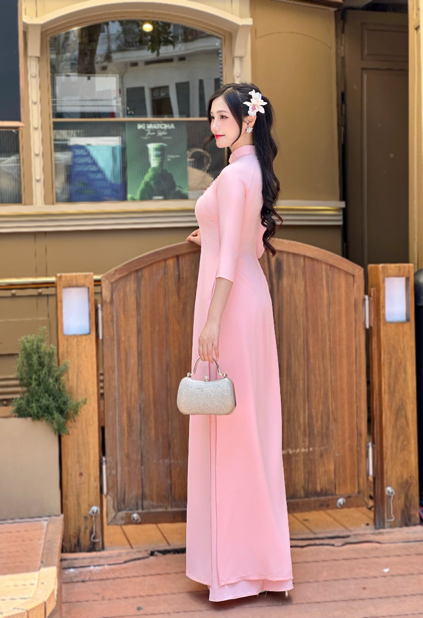 Pink Ao Dai Ribbon embroidered flower bunch | Pre made Traditional ao dai for women | Vietnamese long dress