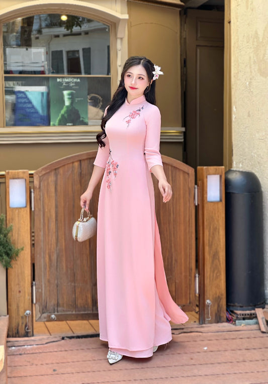 Pink Ao Dai Ribbon embroidered flower bunch | Pre made Traditional ao dai for women | Vietnamese long dress