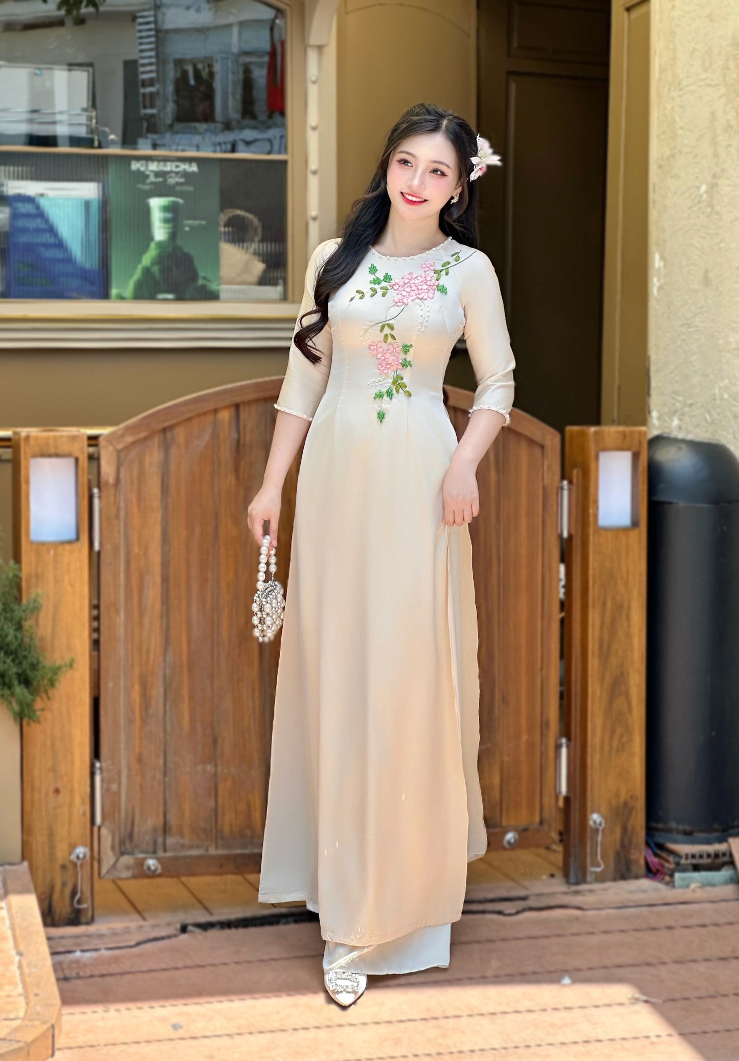 Beige Ribbon Embroidery Vietnamese Traditional Ao Dai-NO PANTS | Áo dài lụa màu kem thêu hoa ruy băng