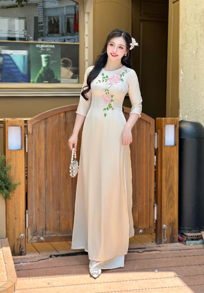 Beige Ribbon Embroidery Vietnamese Traditional Ao Dai-NO PANTS | Áo dài lụa màu kem thêu hoa ruy băng