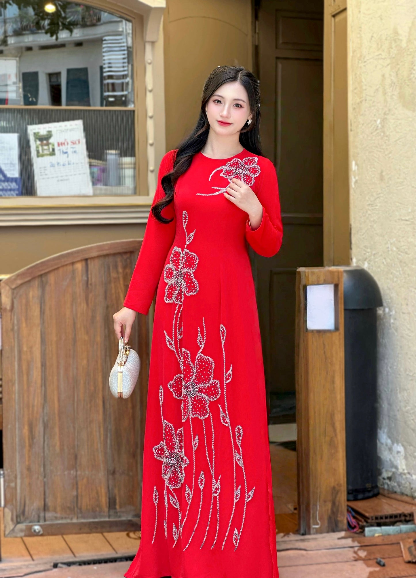 Elegant Red Ao Dai featuring delicate Crystal Embellishments | Vietnamese Traditional Ao Dai | NO Pants