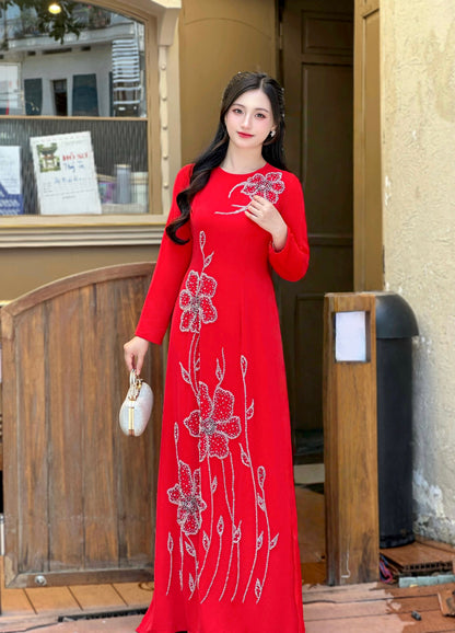 Elegant Red Ao Dai featuring delicate Crystal Embellishments | Vietnamese Traditional Ao Dai | NO Pants