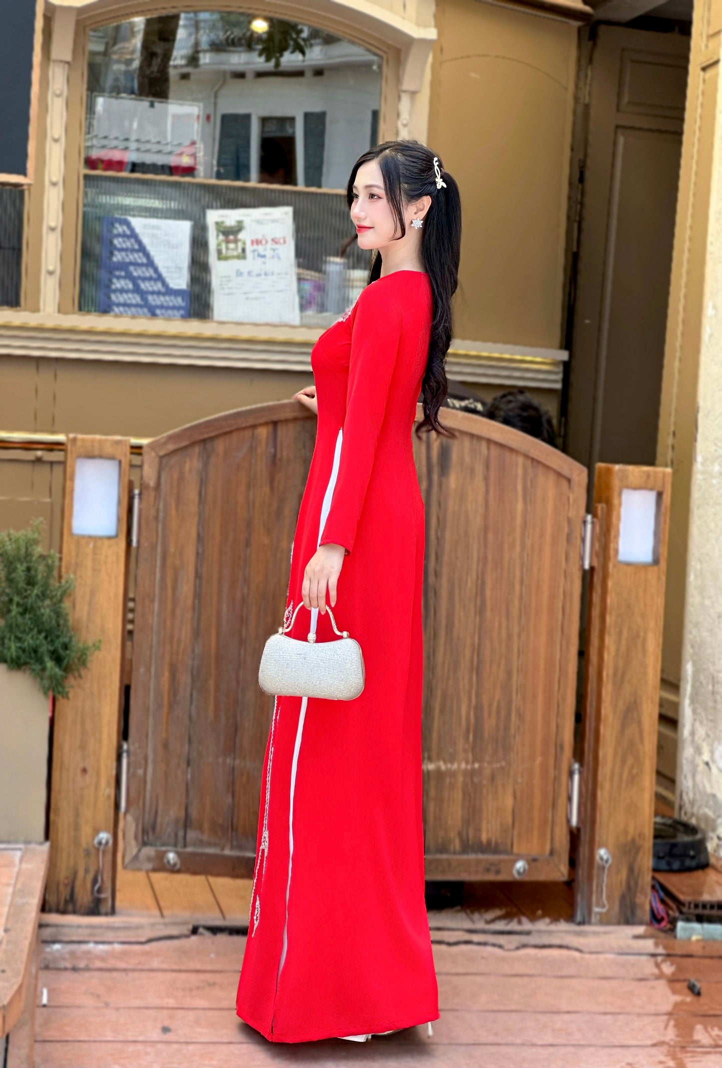Elegant Red Ao Dai featuring delicate Crystal Embellishments | Vietnamese Traditional Ao Dai | NO Pants