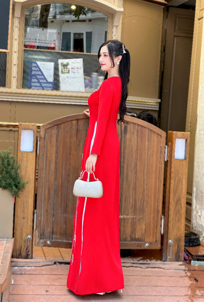 Elegant Red Ao Dai featuring delicate Crystal Embellishments | Vietnamese Traditional Ao Dai | NO Pants