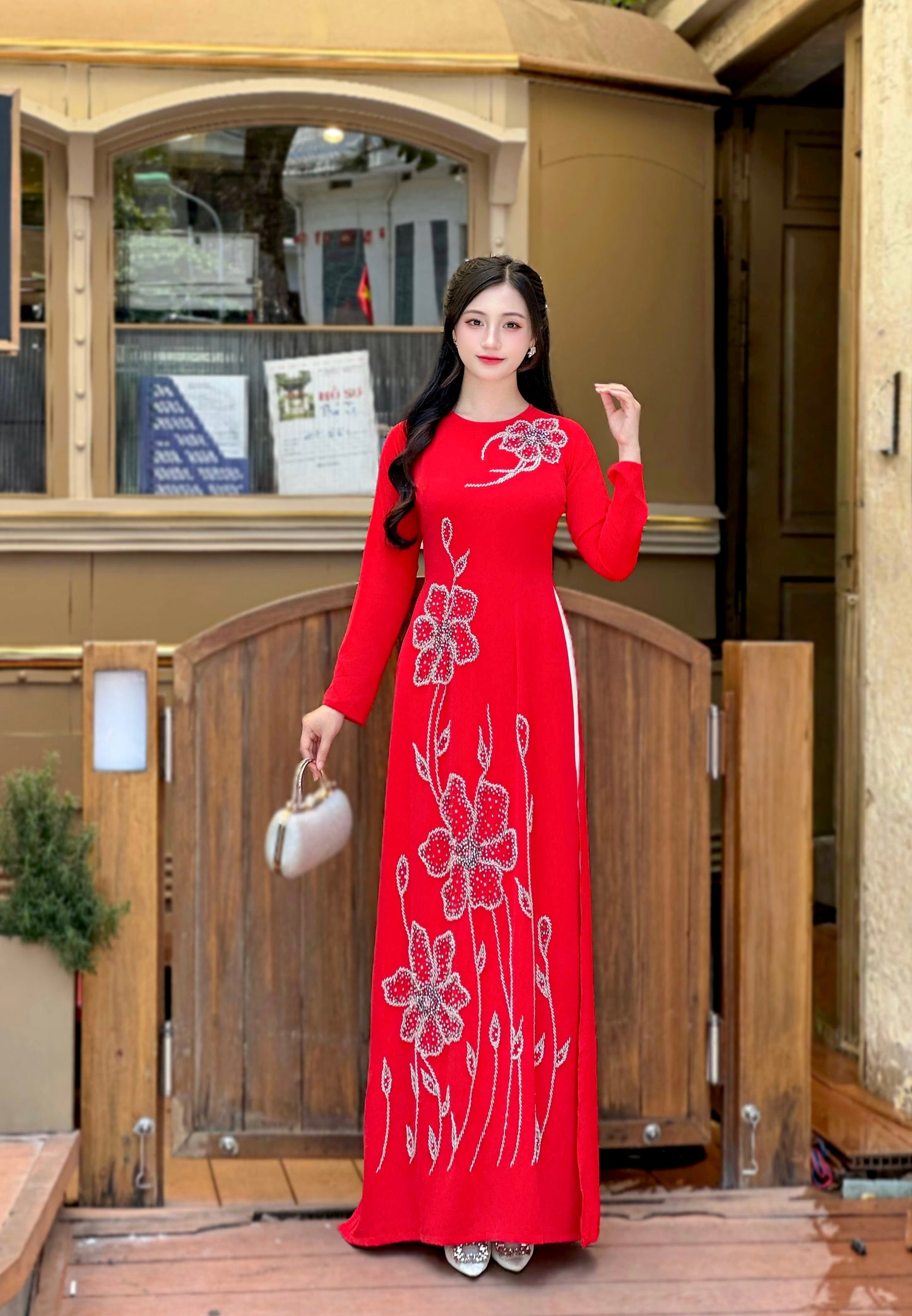 Elegant Red Ao Dai featuring delicate Crystal Embellishments | Vietnamese Traditional Ao Dai | NO Pants