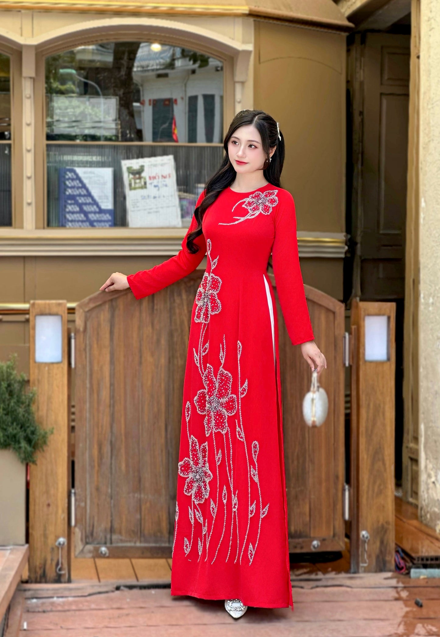 Elegant Red Ao Dai featuring delicate Crystal Embellishments | Vietnamese Traditional Ao Dai | NO Pants