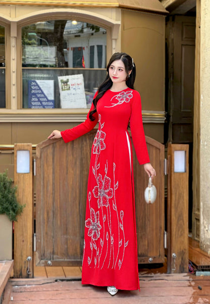 Elegant Red Ao Dai featuring delicate Crystal Embellishments | Vietnamese Traditional Ao Dai | NO Pants