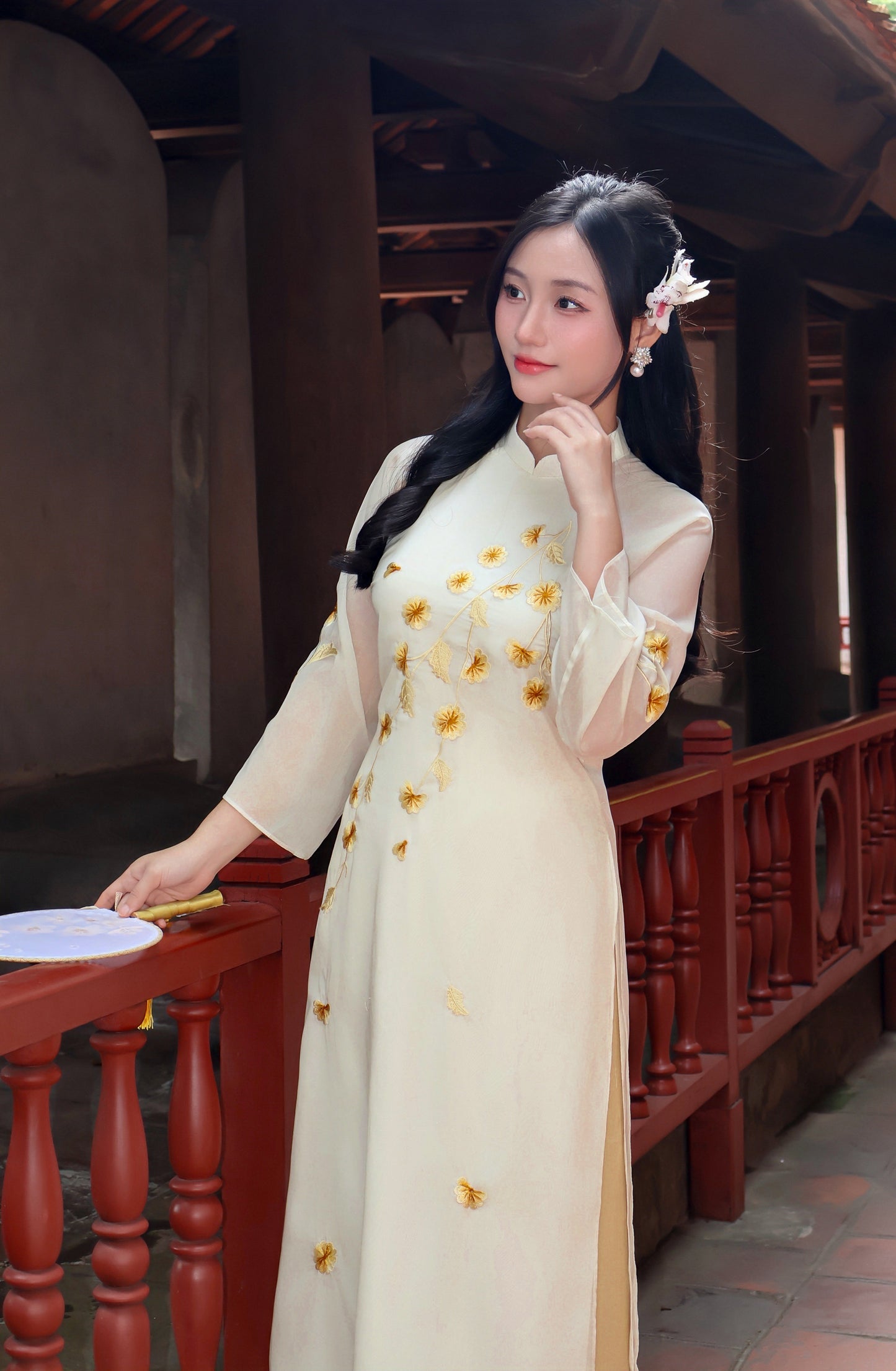 LAVIE Pastel Yellow Organza Silk Ao Dai | Set Ao Dai For Women