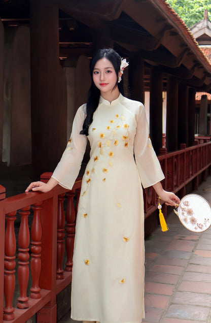 LAVIE Pastel Yellow Organza Silk Ao Dai | Set Ao Dai For Women