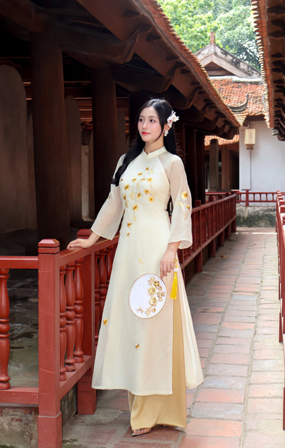LAVIE Pastel Yellow Organza Silk Ao Dai | Set Ao Dai For Women