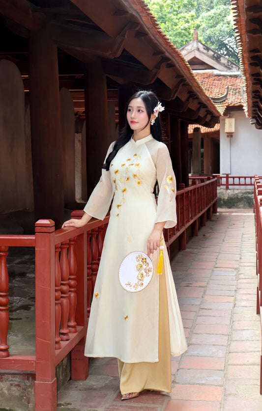 LAVIE Pastel Yellow Organza Silk Ao Dai | Set Ao Dai For Women
